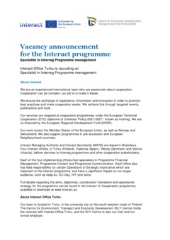 Vacancy announcement Turku 2025 Specialist in Interreg Programme Management